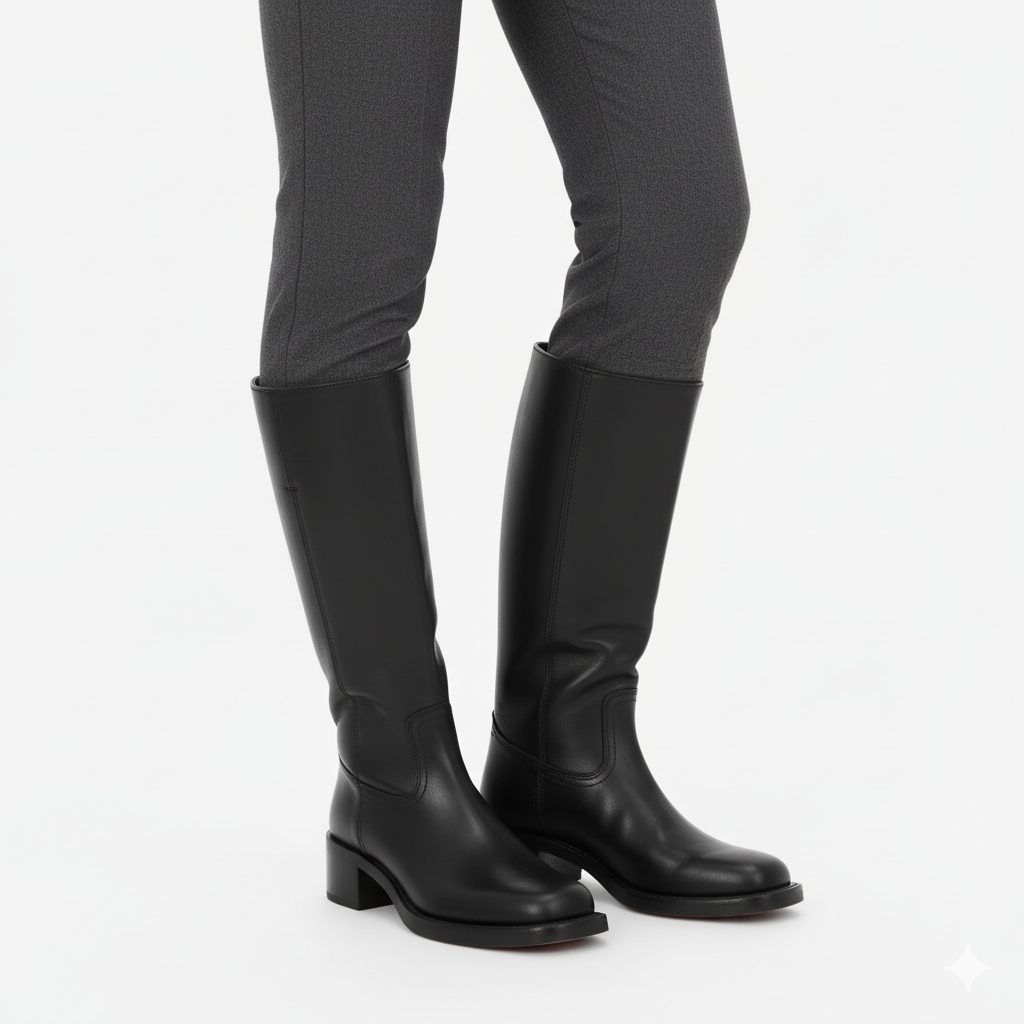 Black Leather Knee-High Boots for Women