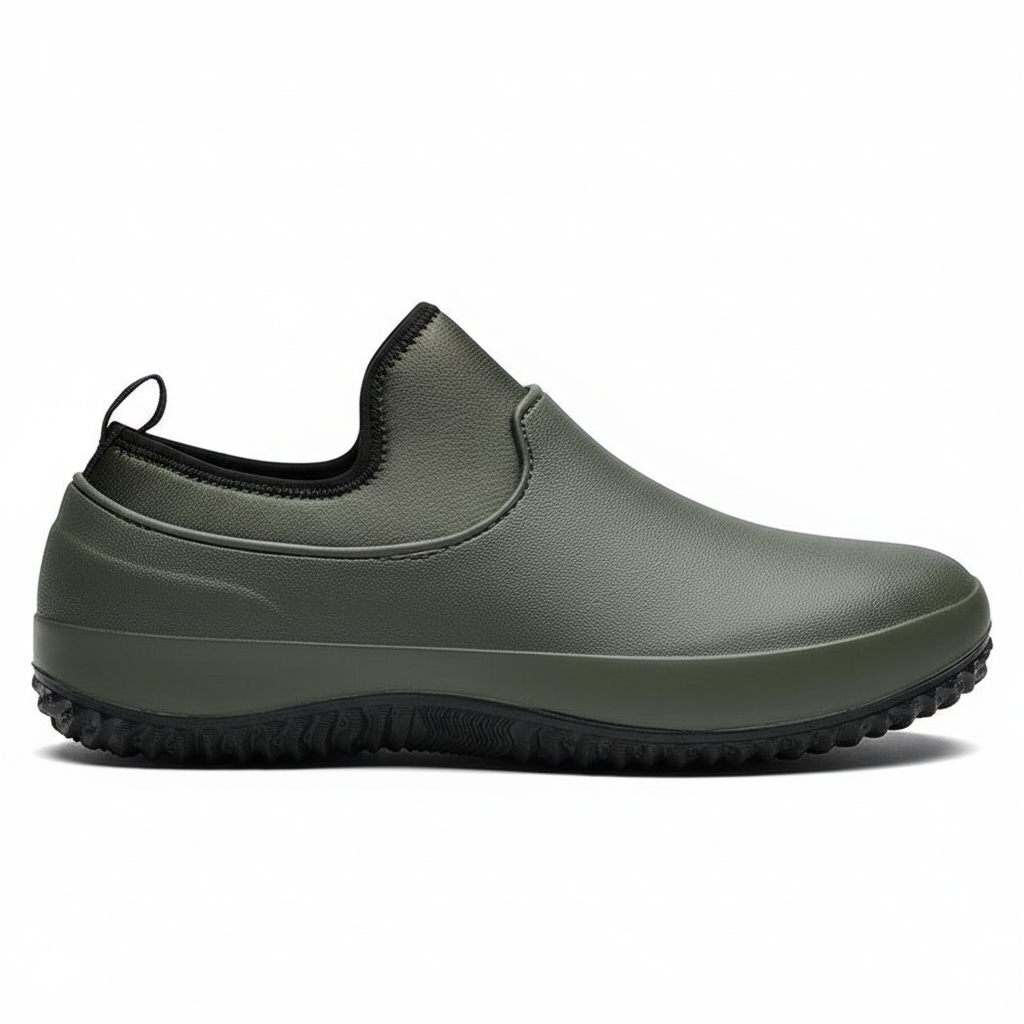 Army green lightweight slip-on work shoes with waterproof construction for outdoor and kitchen use