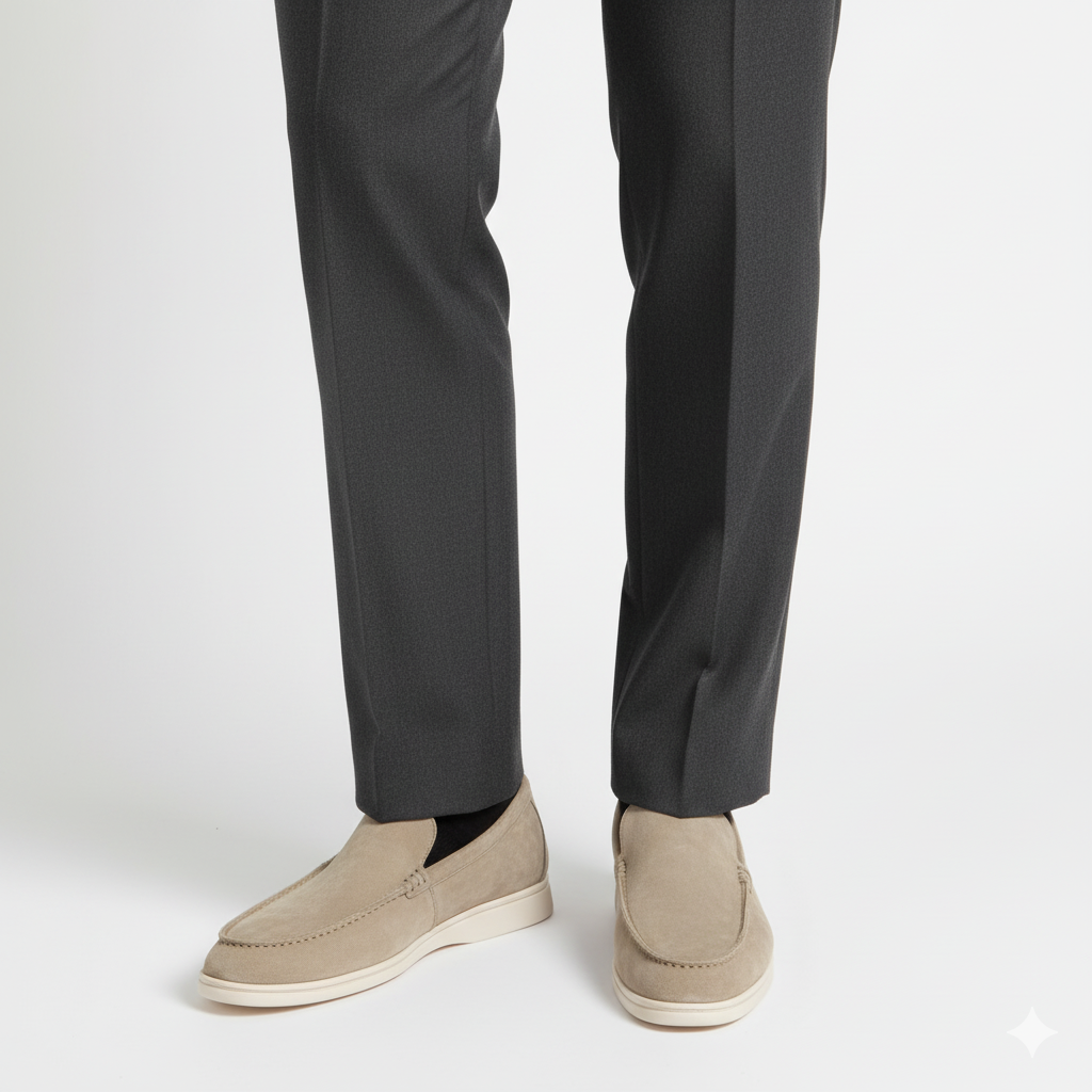Beige suede casual loafers for men worn with tailored trousers for smart casual style
