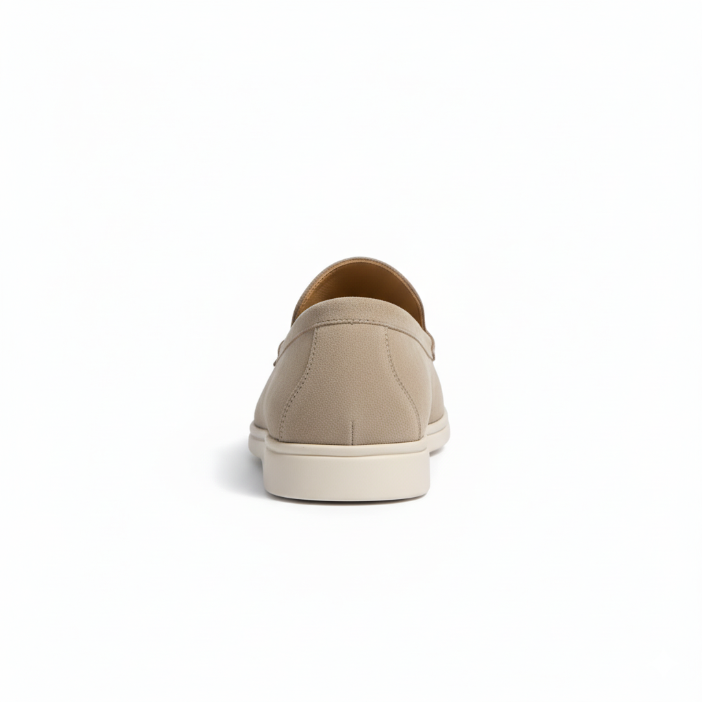 Back view of beige men's slip-on loafers with lightweight cushioned sole for comfort