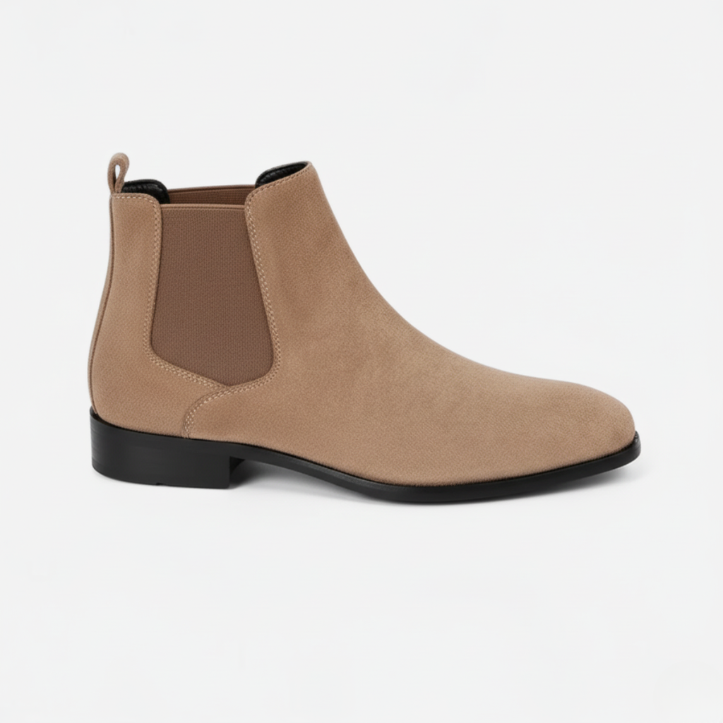 Beige suede Chelsea boots for men with elastic side gussets and low block heel for autumn winter wear
