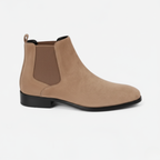 Beige suede Chelsea boots for men with elastic side gussets and low block heel for autumn winter wear