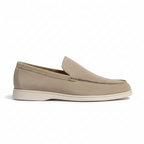 Beige suede loafers for men with lightweight sole and moc-toe stitching for casual smart wear