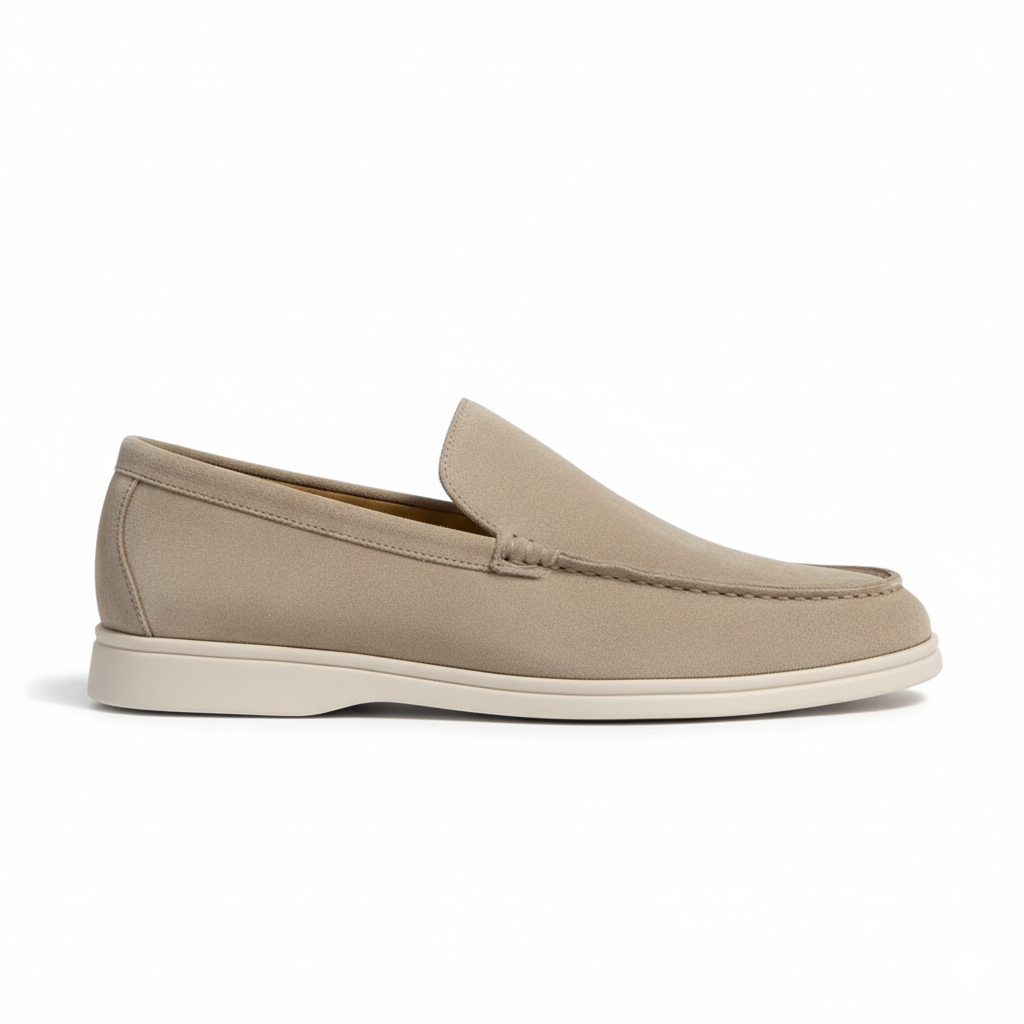 Beige suede loafers for men with lightweight sole and moc-toe stitching for casual smart wear