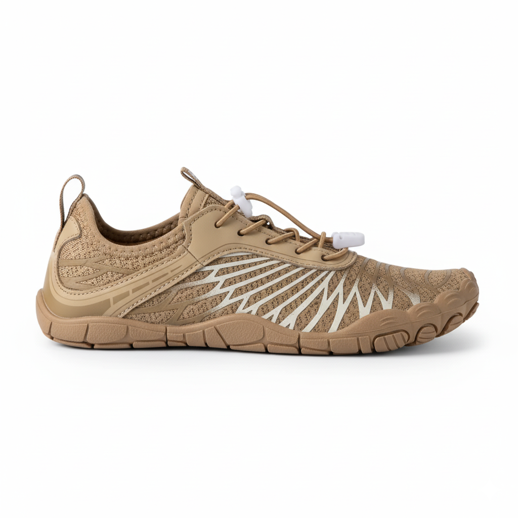Beige tan barefoot water shoes with zero-drop flexible sole and wide toe box for natural foot alignment