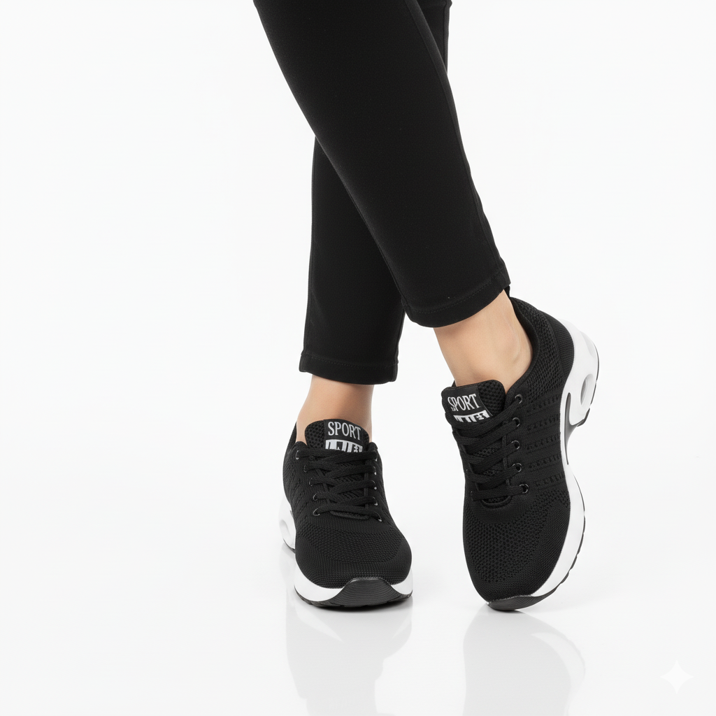 Black mesh air cushion sneakers with breathable knit upper and arch support for men - Lewis Fordham UK