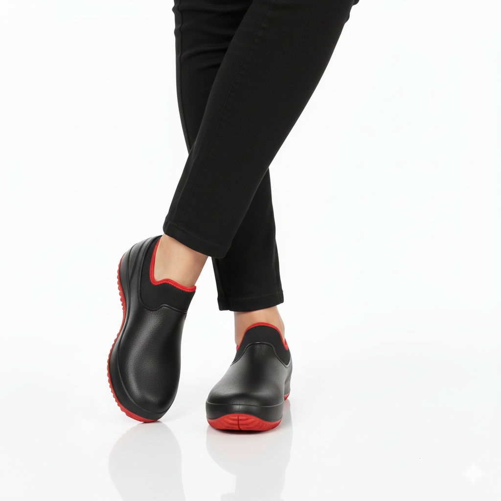 Black and red waterproof slip-on work shoes with anti-slip rubber sole styled with black trousers - Lewis Fordham UK