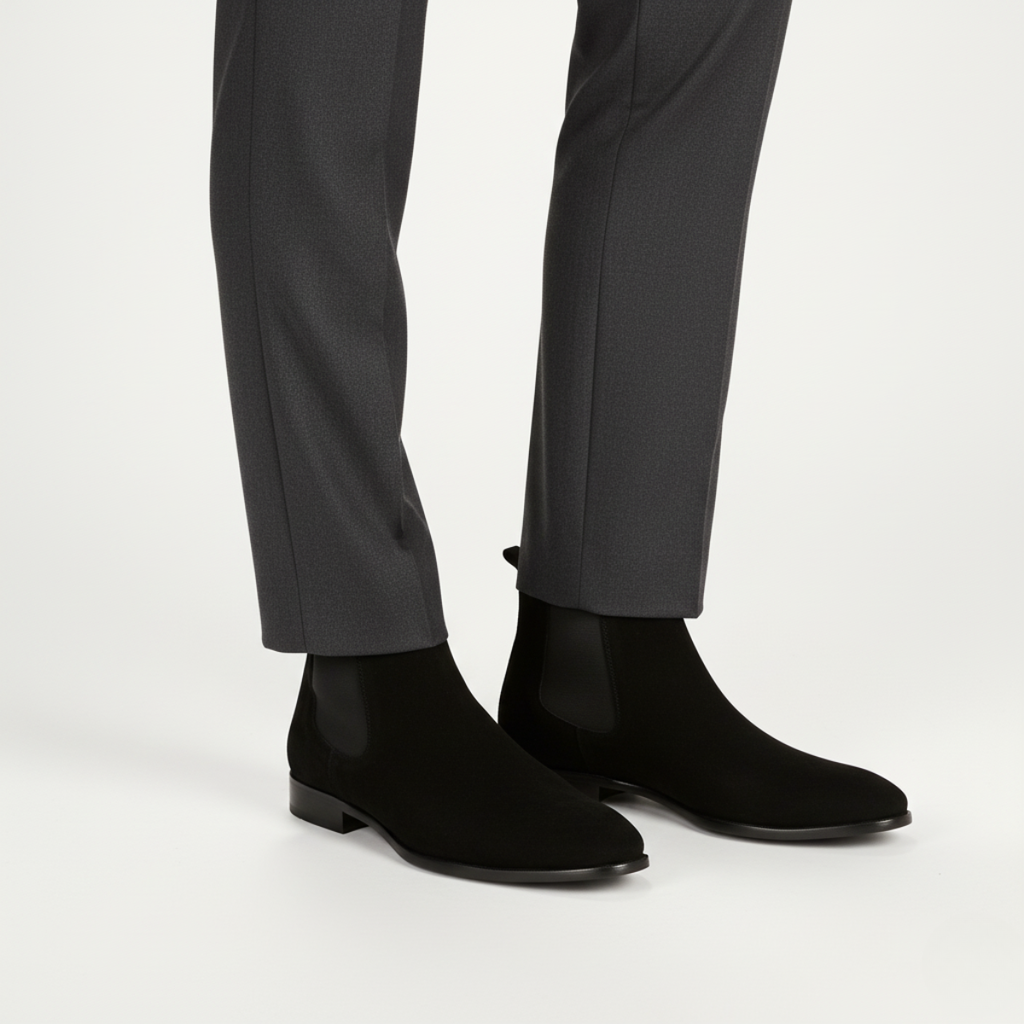 Black suede Chelsea ankle boots for men worn showing square toe design and classic pull-on style