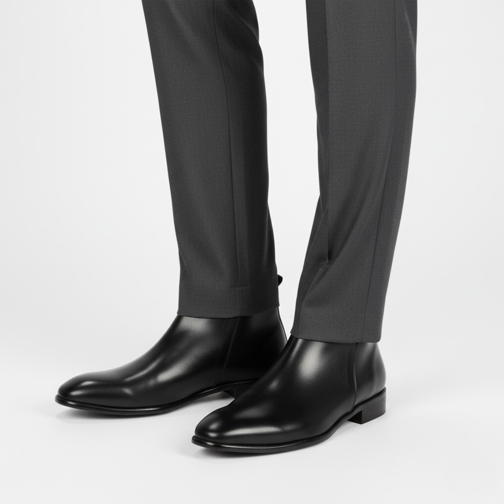Black leather Chelsea dress boots for men worn with tailored trousers for sophisticated office style