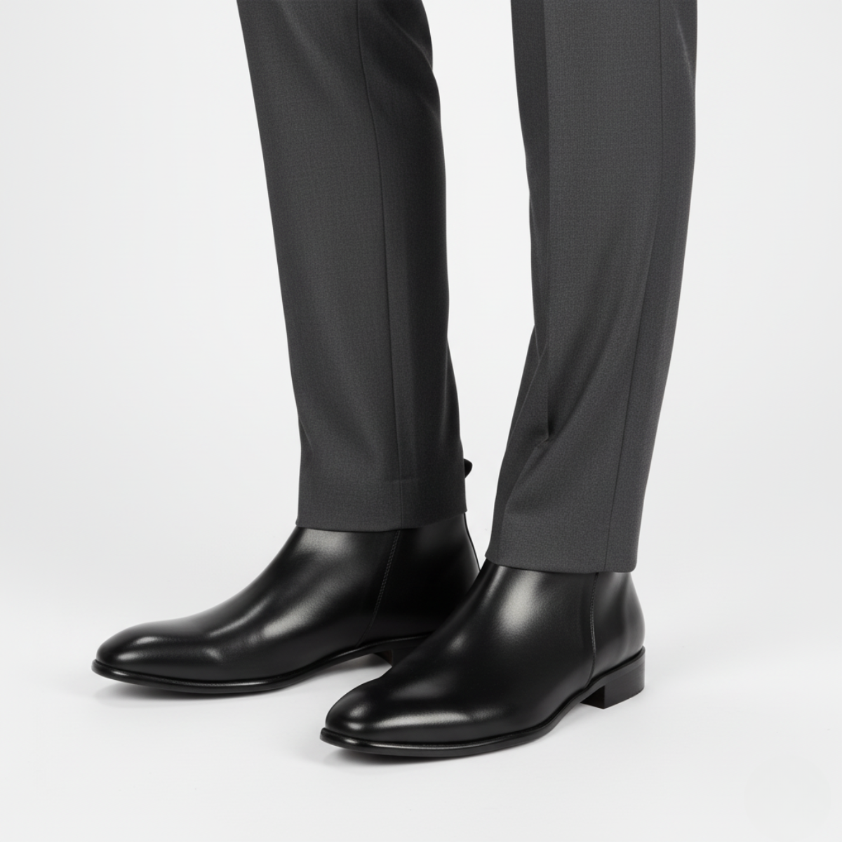 Black leather Chelsea dress boots for men worn with tailored trousers for sophisticated office style