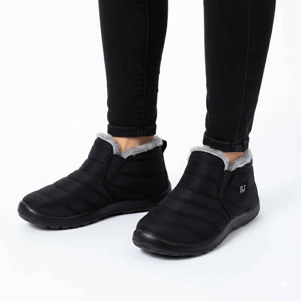 Black waterproof ankle boots with grey fur lining and slip-on design for winter - Lewis Fordham UK