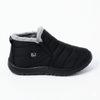 Black insulated winter boots with elastic side panels and plush fur lining for easy slip-on convenience