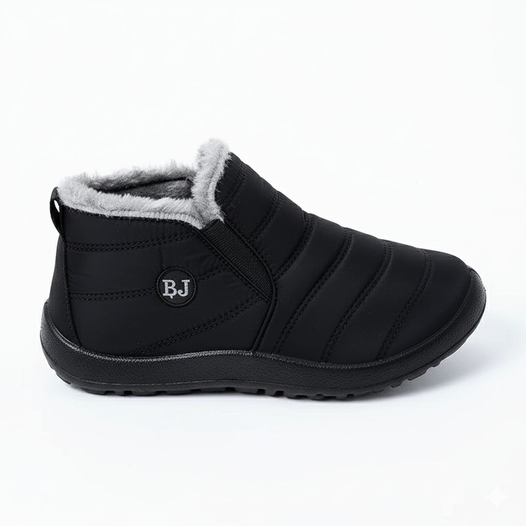 Black insulated winter boots with elastic side panels and plush fur lining for easy slip-on convenience