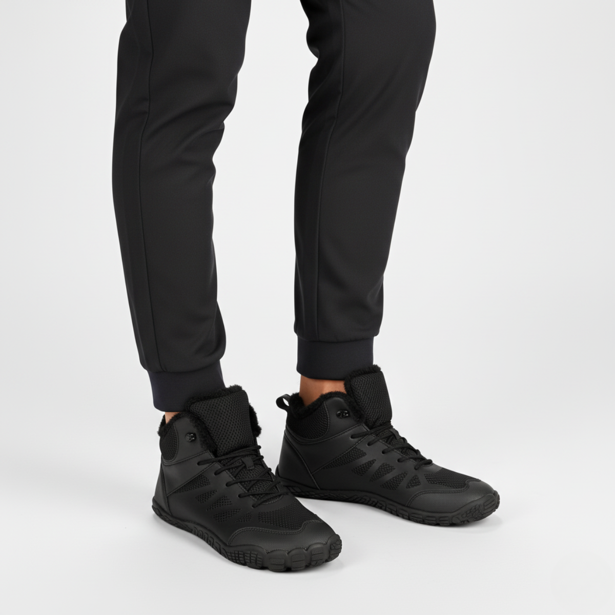 Black insulated barefoot winter boots worn showing wide toe box and flexible zero-drop sole for natural movement
