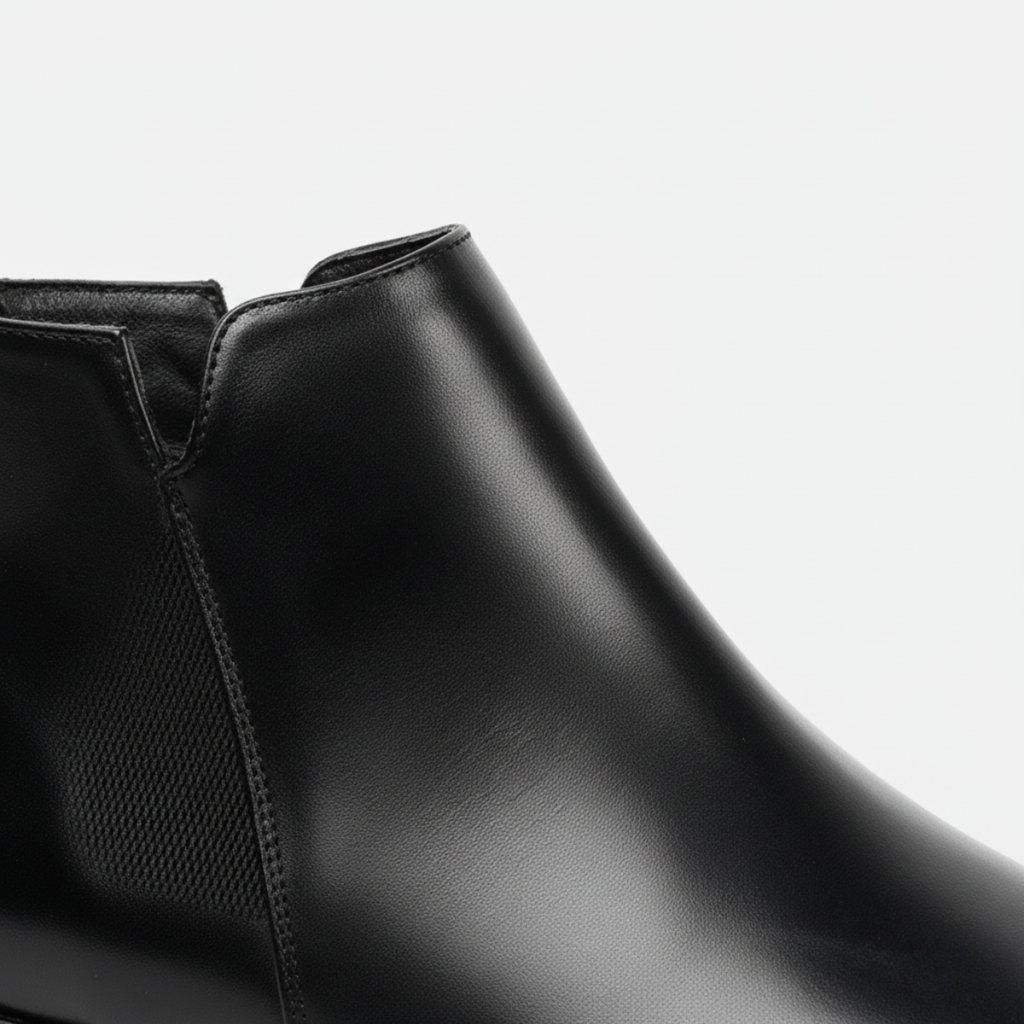 Close-up detail of men's black leather Chelsea boots showing elastic gusset and premium construction quality