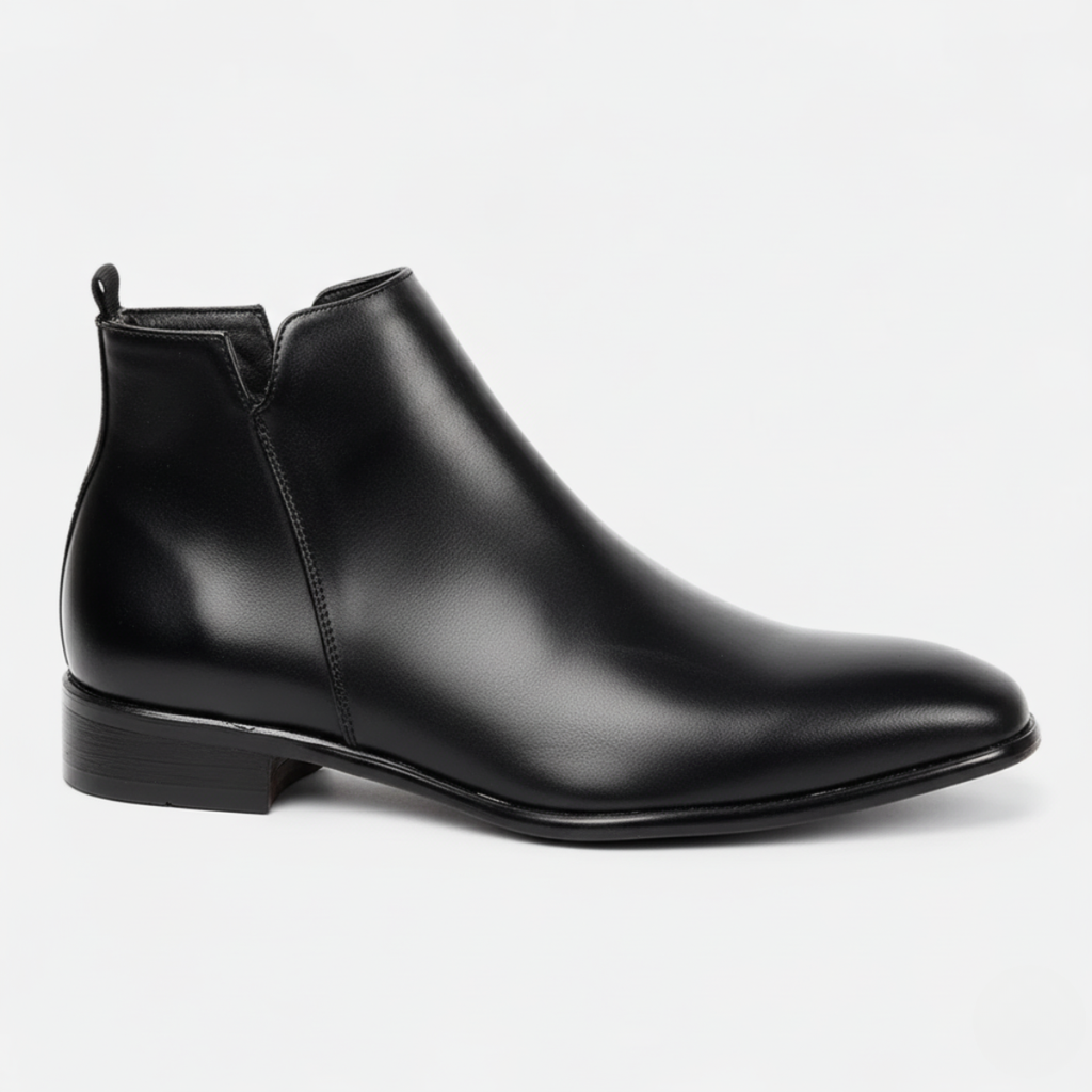Black leather Chelsea boots for men with square toe and elastic side gussets for autumn winter formal wear