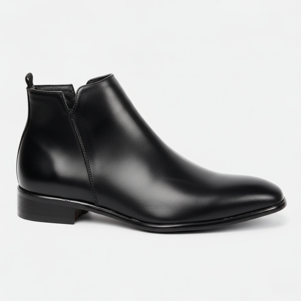 Black leather Chelsea boots for men with square toe and elastic side gussets for autumn winter formal wear