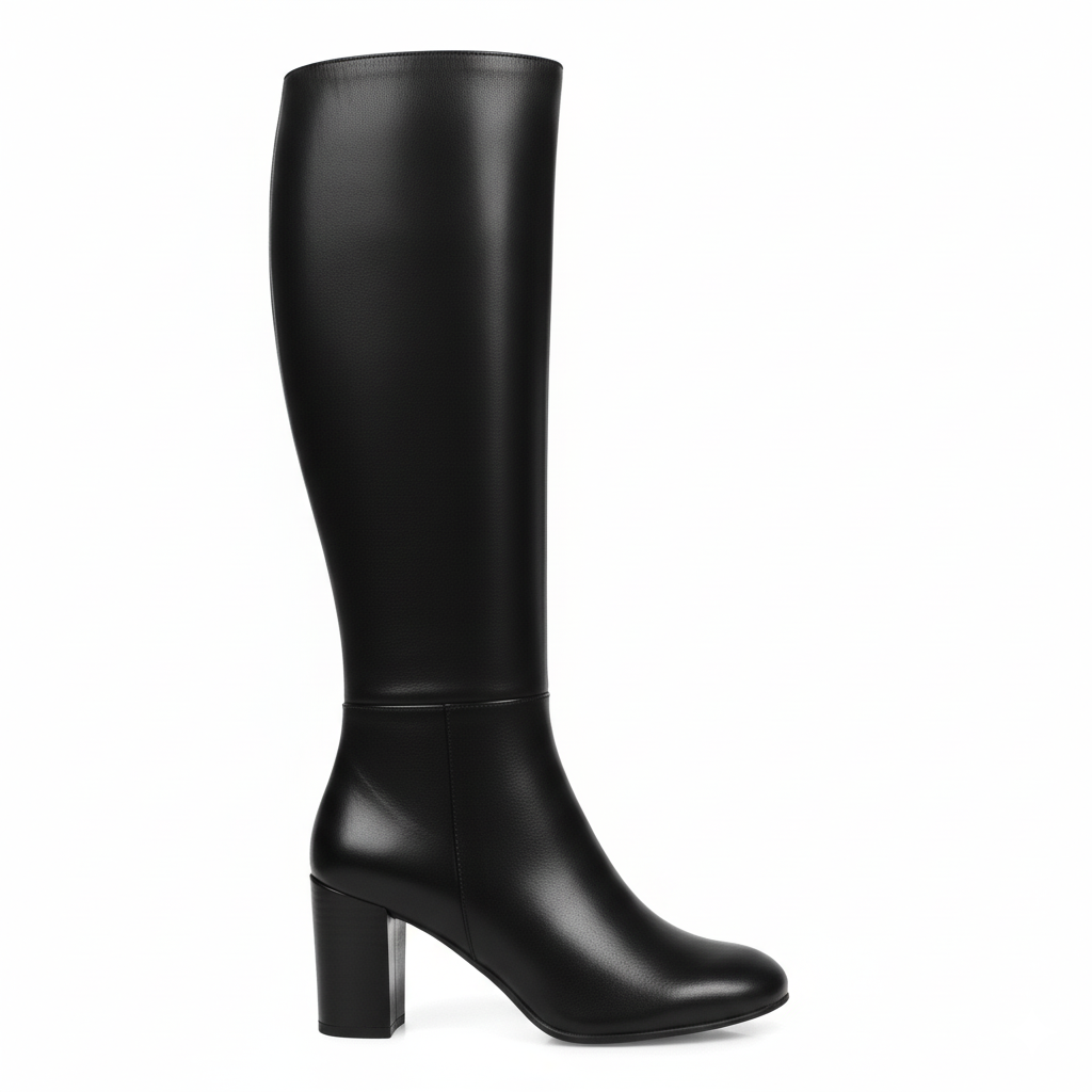Black leather knee-high boots for women with block heel and side zipper, side profile view