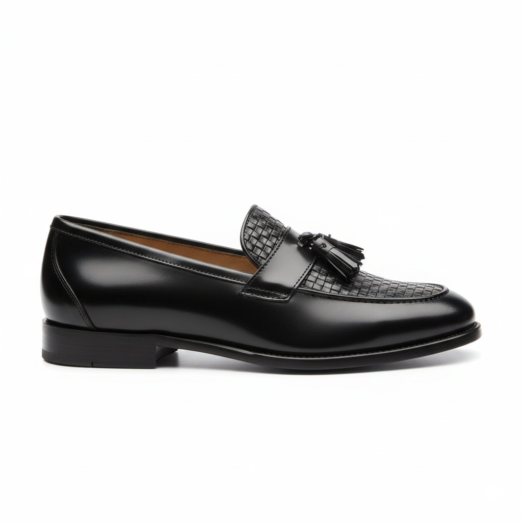 Black leather tassel loafers for men with basket weave texture detail and cushioned insole, side profile view