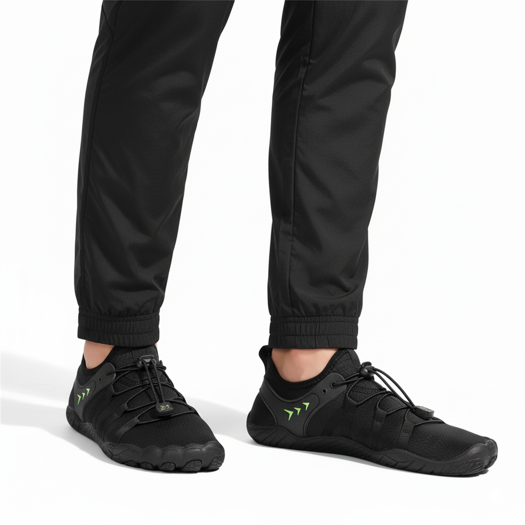 Black minimalist barefoot trail shoes with wide toe box and neon green accents worn for outdoor hiking and fitness training