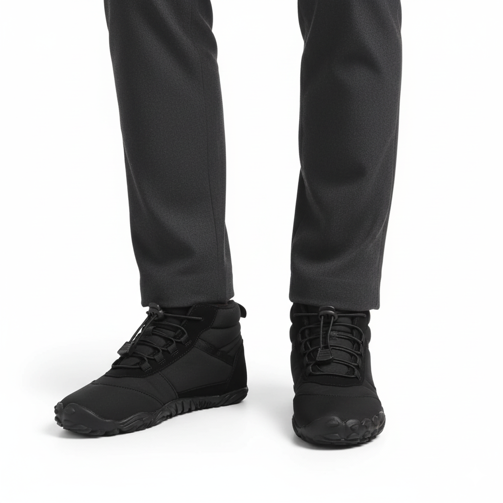 Black minimalist barefoot hiking boots worn showing wide toe box and flexible design for natural movement