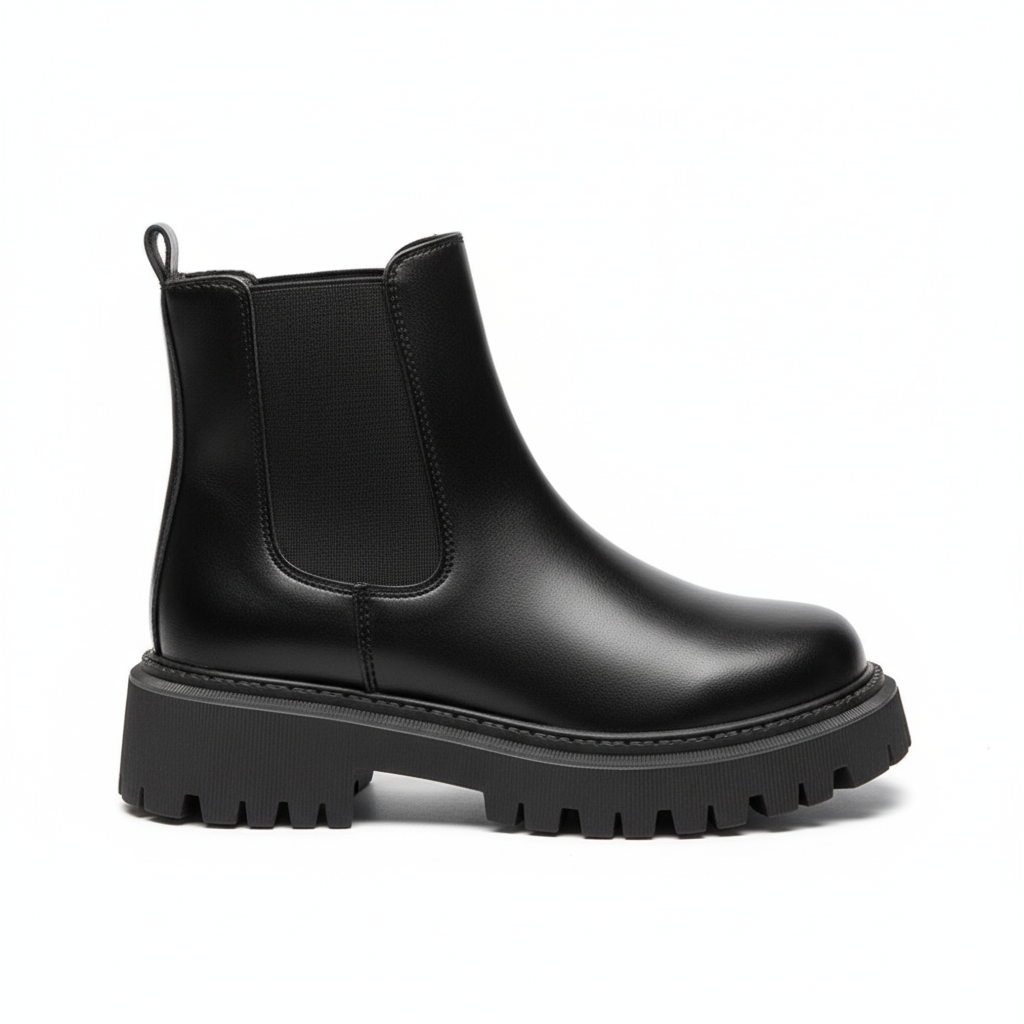 Black platform Chelsea boots for women with chunky rubber sole and elastic side panels