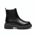 Black platform Chelsea boots for women with chunky rubber sole and elastic side panels