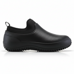 Black waterproof work shoes with elastic collar for easy slip-on convenience in busy work environments
