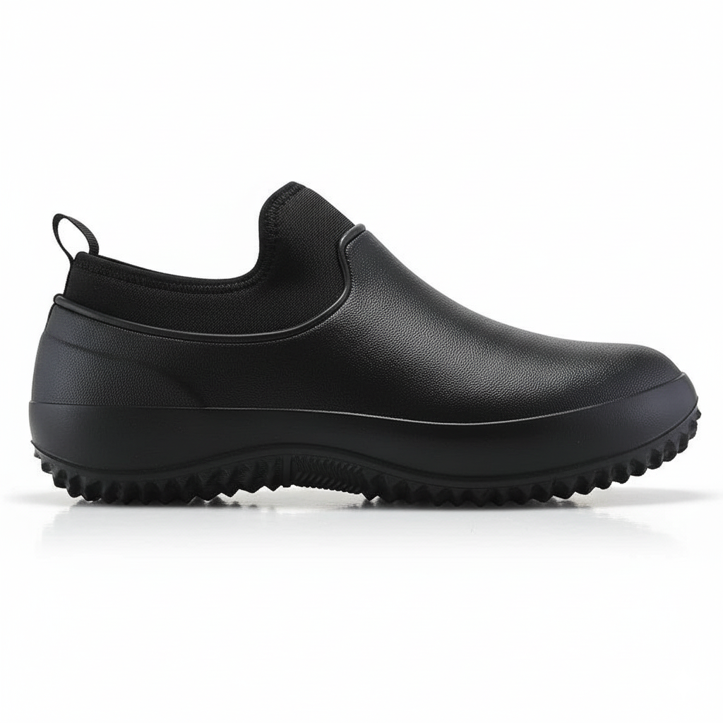 Black waterproof work shoes with elastic collar for easy slip-on convenience in busy work environments
