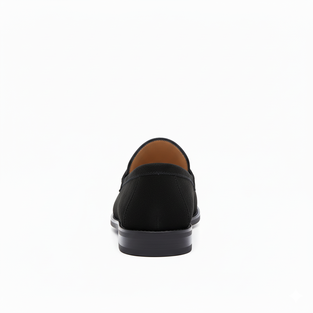 Back view of black men's slip-on loafers with low block heel and premium suede construction