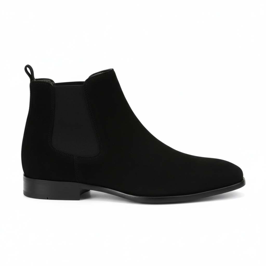Black suede Chelsea boots for men with elastic side gussets and low block heel for autumn winter wear