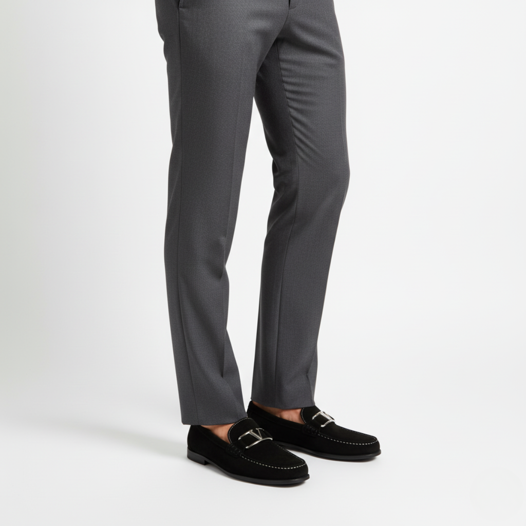 Black suede dress loafers for men worn with tailored trousers for smart business casual style