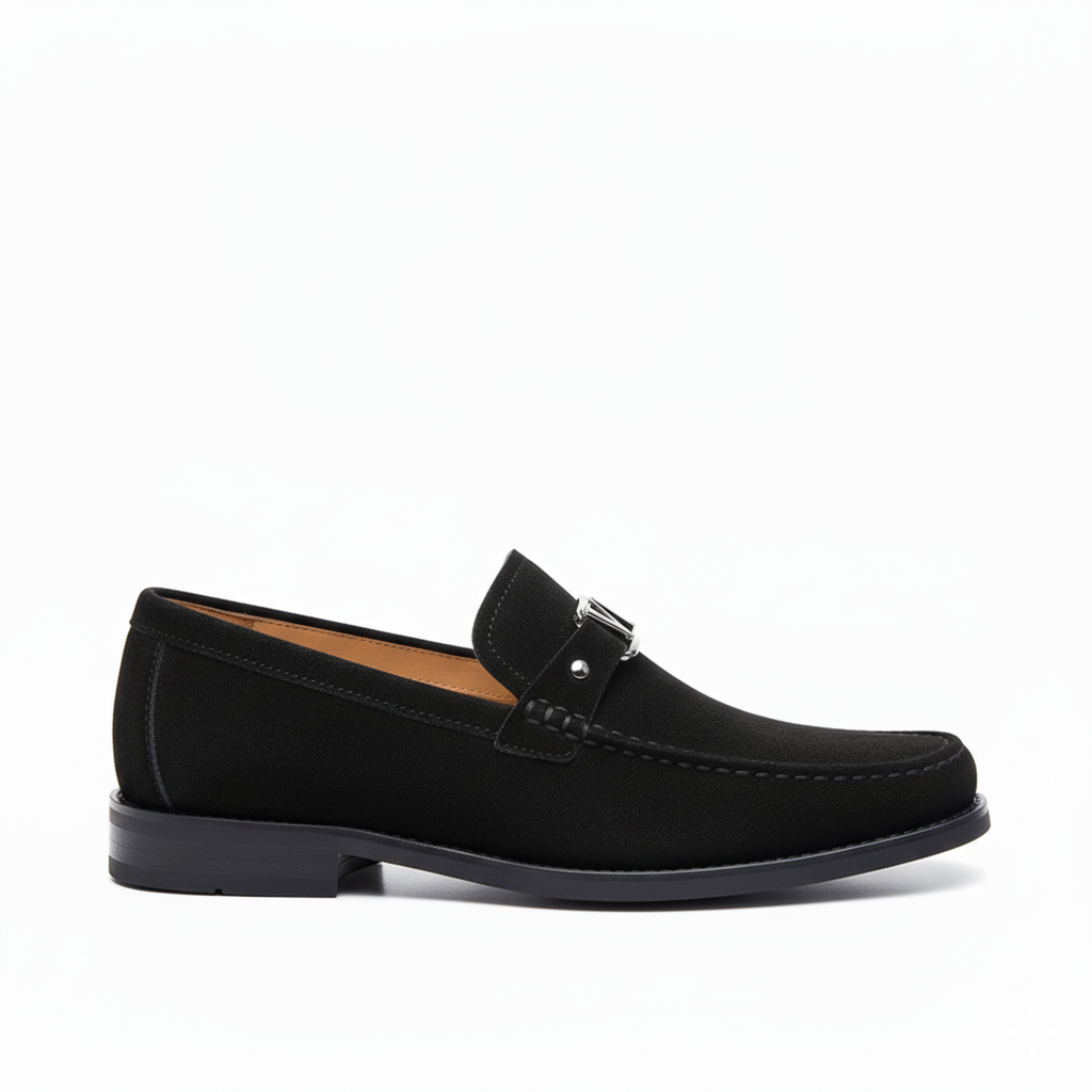 Black suede loafers for men with silver metal buckle and moc-toe stitching for business casual wear