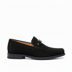 Black suede loafers for men with silver metal buckle and moc-toe stitching for business casual wear