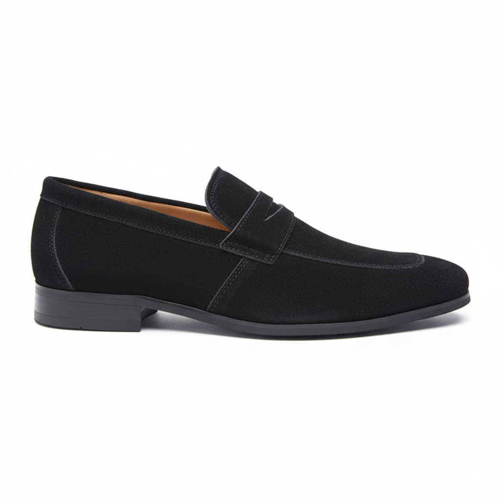 Black suede penny loafers for men with keeper strap detail and cushioned insole, side profile view