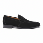 Black suede penny loafers for men with keeper strap detail and cushioned insole, side profile view