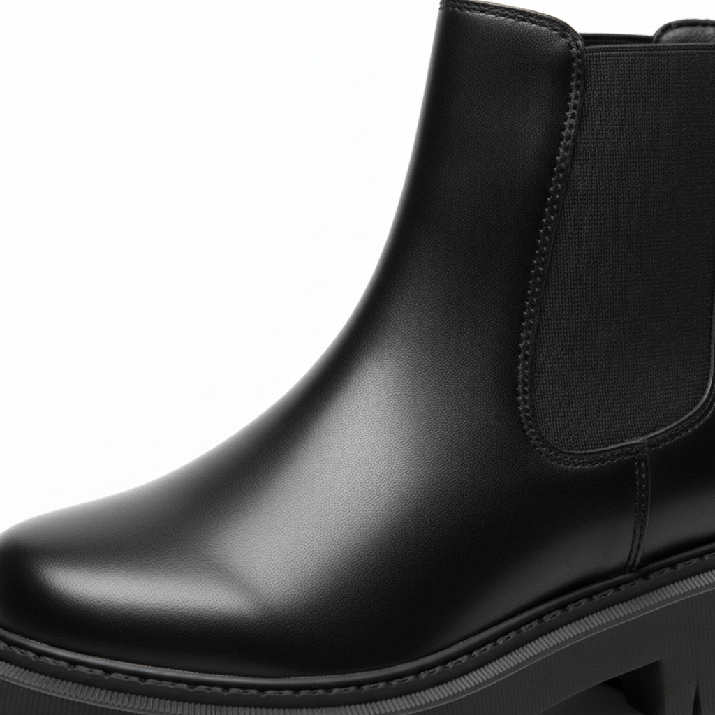Black vegan leather Chelsea boots with pull tab and elastic side panel detail