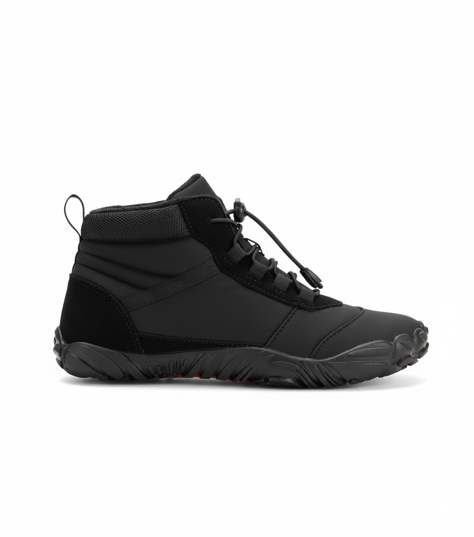 Black waterproof barefoot winter boots for men with quilted insulation and rugged sole, angled view showing flexible construction