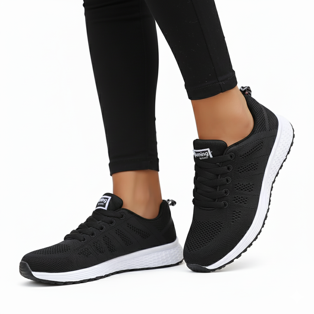Black breathable mesh running sneakers with white sole and cushioned midsole for women - Lewis Fordham UK