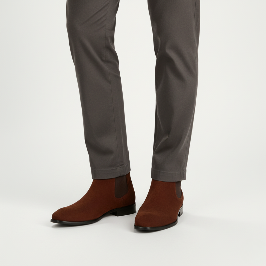 Brown suede Chelsea ankle boots for men worn showing square toe design and classic pull-on style