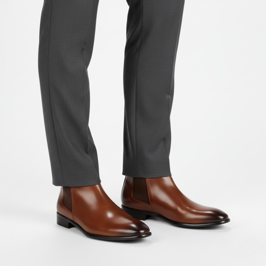 Brown leather Chelsea dress boots for men worn with tailored trousers for sophisticated office style