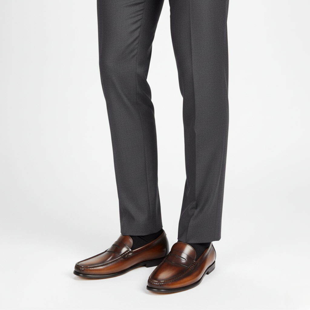 Brown leather formal loafers for men worn with tailored suit trousers for business professional style