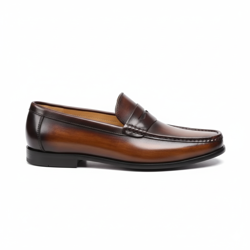 Brown leather penny loafers for men with burnished finish and moc-toe stitching for business formal wear