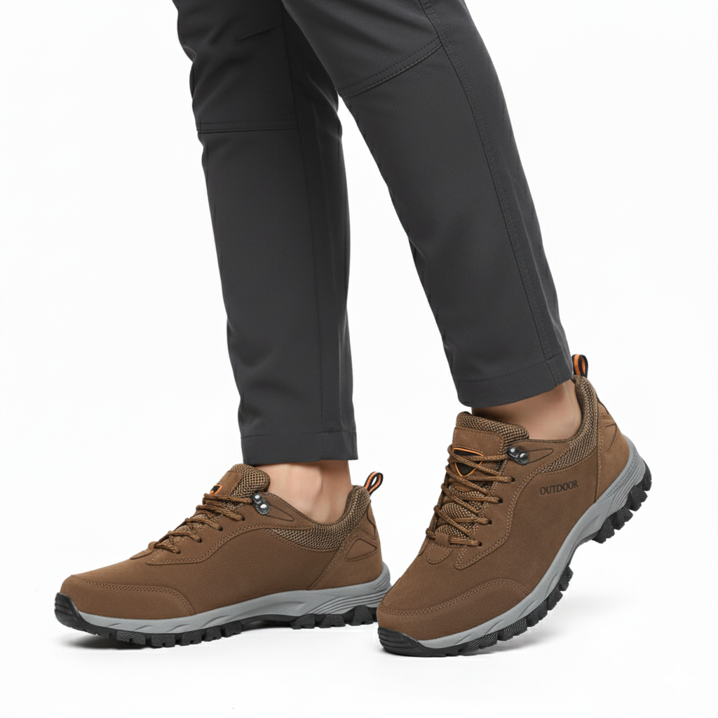 Brown leather outdoor hiking shoes with reinforced toe and grip sole styled with cargo trousers - Lewis Fordham UK