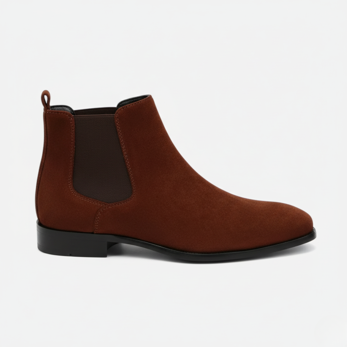 Brown suede Chelsea boots for men with elastic side gussets and low block heel for autumn winter wear