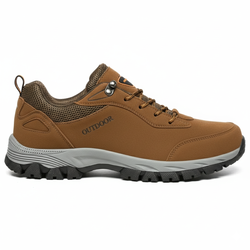 Brown suede men's hiking shoes with breathable mesh technology and cushioned insole for comfortable trekking