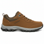 Brown suede men's hiking shoes with breathable mesh technology and cushioned insole for comfortable trekking