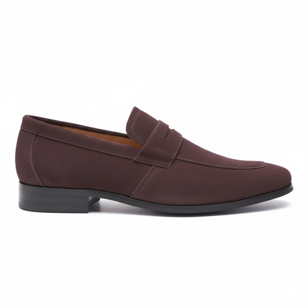 Brown suede penny loafers for men with keeper strap detail and cushioned insole, side profile view