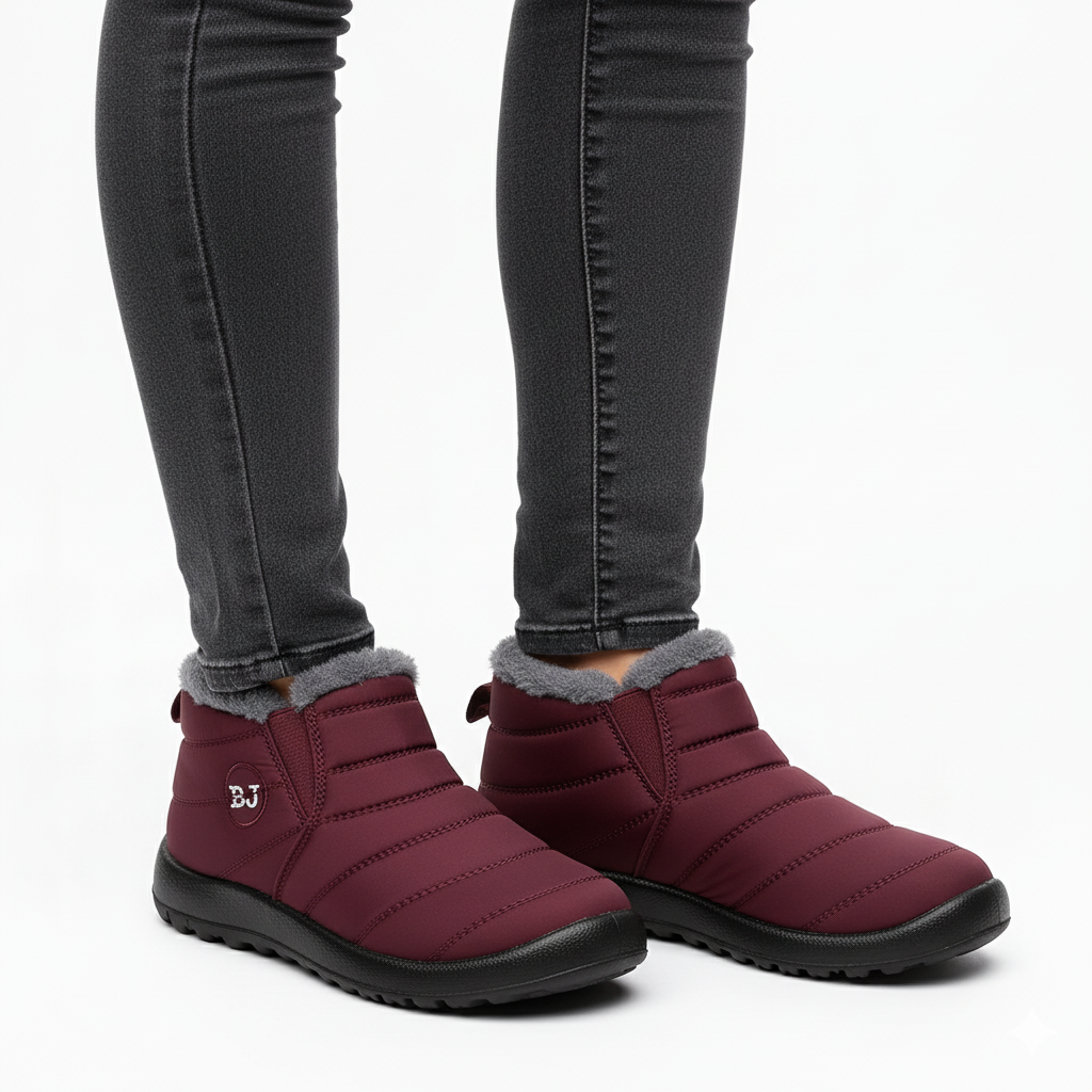 Burgundy wine insulated winter ankle boots with grey fur trim and non-slip sole - Lewis Fordham UK