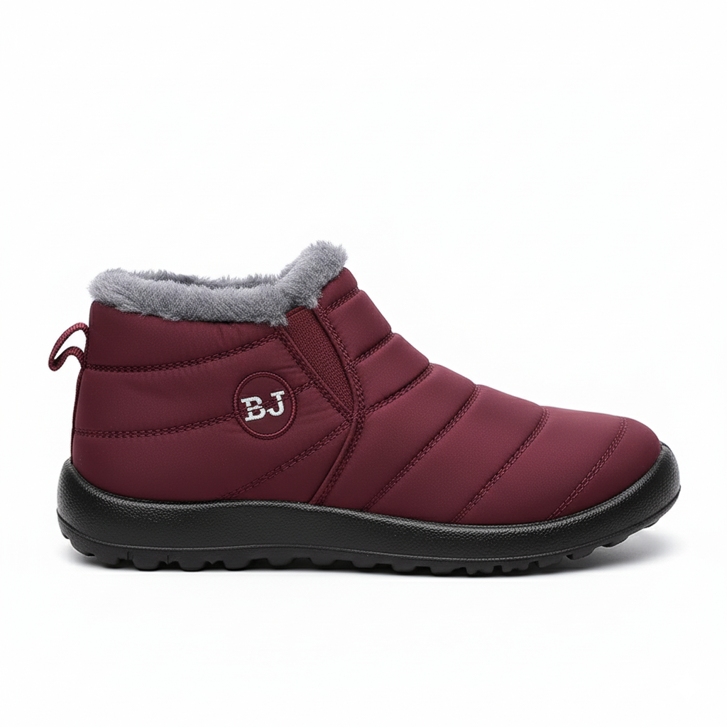 Burgundy waterproof quilted winter ankle boots with grey fur lining and slip-on design for women's cold weather wear
